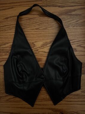 AFRM Black Faux Leather Halter Crop Top